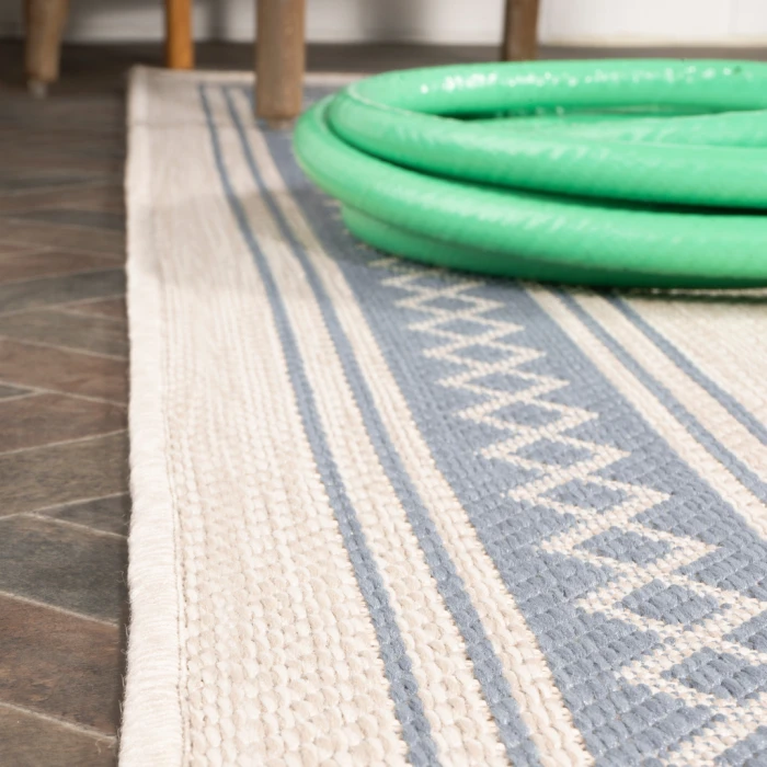 Lucia Classic Diamond Border Cream/Blue 2 ft. x 8 ft. Indoor/Outdoor Runner Rug