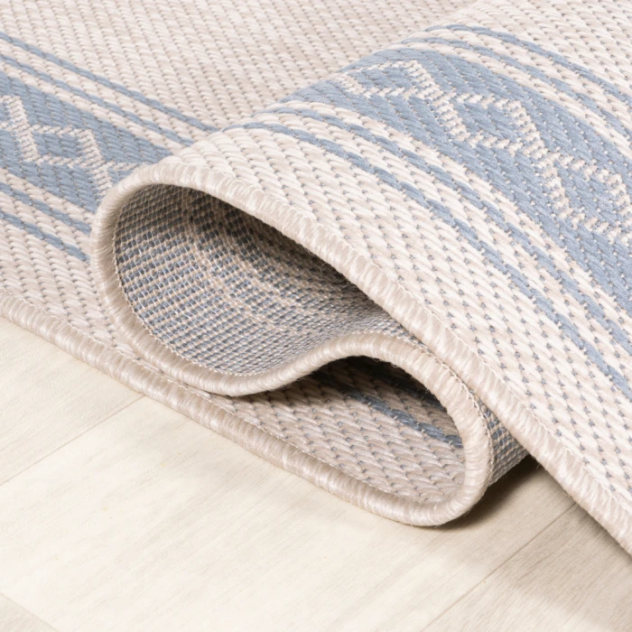 Lucia Classic Diamond Border Cream/Blue 2 ft. x 8 ft. Indoor/Outdoor Runner Rug