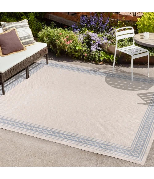 Lucia Classic Diamond Border Cream/Blue 5 ft. x 8 ft. Indoor/Outdoor Area Rug