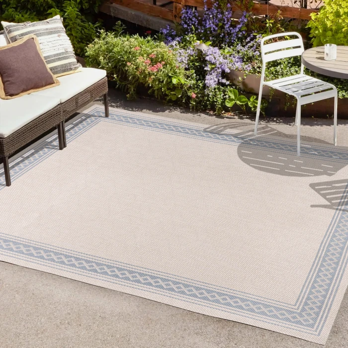 Lucia Classic Diamond Border Cream/Blue 8 ft. x 10 ft. Indoor/Outdoor Area Rug