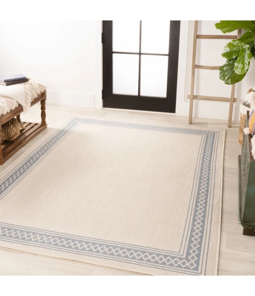 Lucia Classic Diamond Border Cream/Blue 5 ft. x 8 ft. Indoor/Outdoor Area Rug