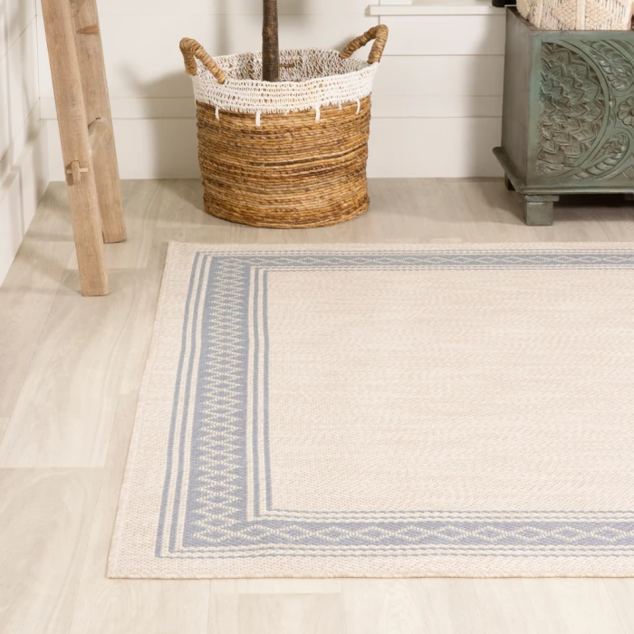 Lucia Classic Diamond Border Cream/Blue 8 ft. x 10 ft. Indoor/Outdoor Area Rug
