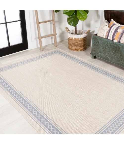 Lucia Classic Diamond Border Cream/Blue 5 ft. x 8 ft. Indoor/Outdoor Area Rug