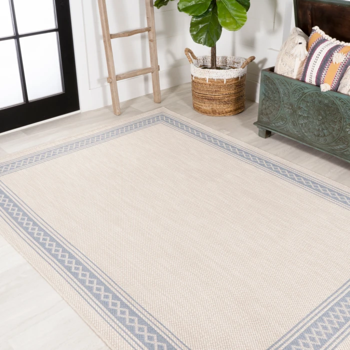 Lucia Classic Diamond Border Cream/Blue 8 ft. x 10 ft. Indoor/Outdoor Area Rug