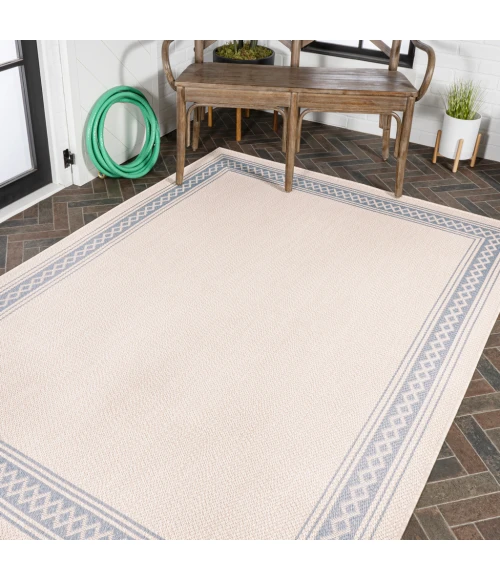 Lucia Classic Diamond Border Cream/Blue 5 ft. x 8 ft. Indoor/Outdoor Area Rug