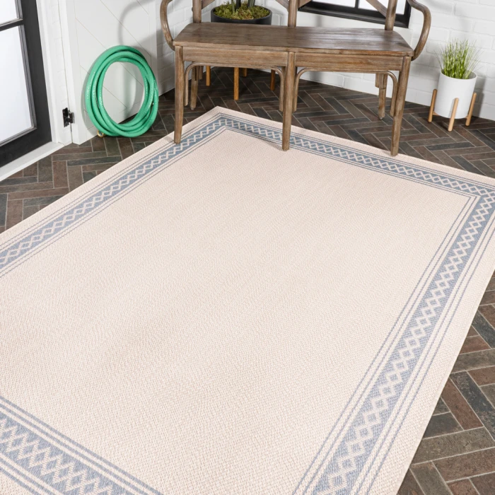 Lucia Classic Diamond Border Cream/Blue 8 ft. x 10 ft. Indoor/Outdoor Area Rug