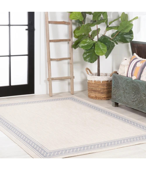 Lucia Classic Diamond Border Cream/Blue 5 ft. x 8 ft. Indoor/Outdoor Area Rug
