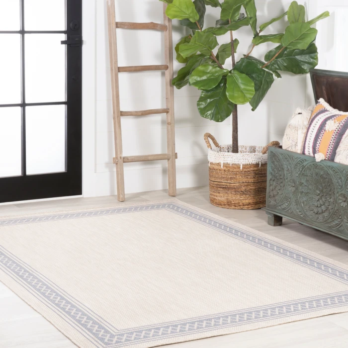 Lucia Classic Diamond Border Cream/Blue 8 ft. x 10 ft. Indoor/Outdoor Area Rug