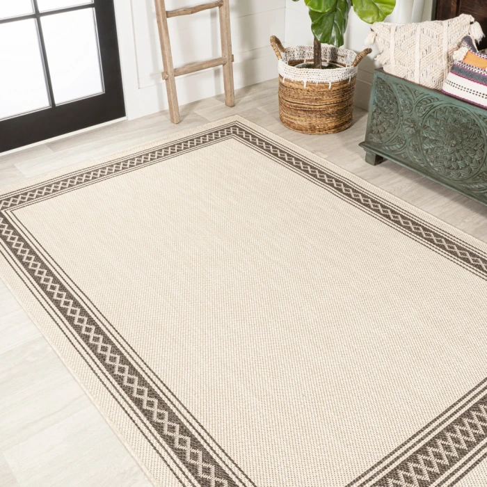Lucia Classic Diamond Border Cream/Black 4 ft. x 6 ft. Indoor/Outdoor Area Rug