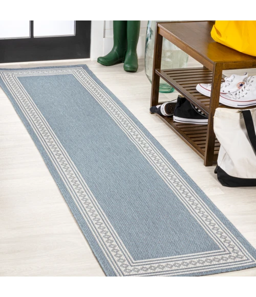 Lucia Classic Diamond Border Blue/Cream 2 ft. x 8 ft. Indoor/Outdoor Runner Rug