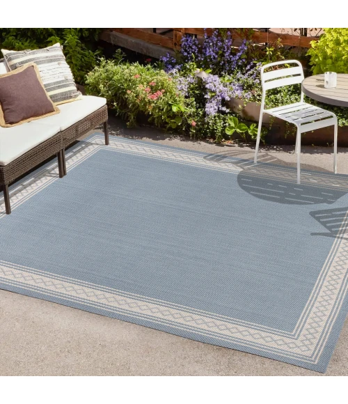 Lucia Classic Diamond Border Blue/Cream 5 ft. x 8 ft. Indoor/Outdoor Area Rug