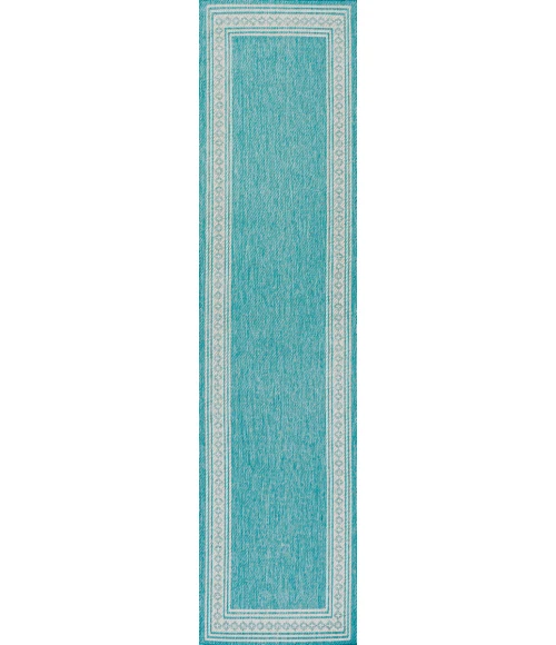 Lucia Classic Diamond Border Aqua/Light Gray 2 ft. x 8 ft. Indoor/Outdoor Runner Rug