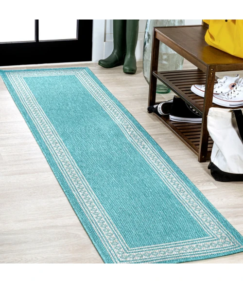 Lucia Classic Diamond Border Aqua/Light Gray 2 ft. x 8 ft. Indoor/Outdoor Runner Rug