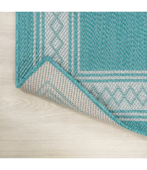 Lucia Classic Diamond Border Aqua/Light Gray 2 ft. x 8 ft. Indoor/Outdoor Runner Rug