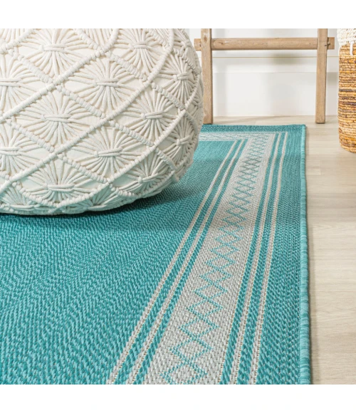 Lucia Classic Diamond Border Aqua/Light Gray 2 ft. x 8 ft. Indoor/Outdoor Runner Rug