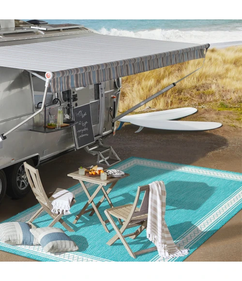 Lucia Classic Diamond Border Aqua/Light Gray 2 ft. x 8 ft. Indoor/Outdoor Runner Rug