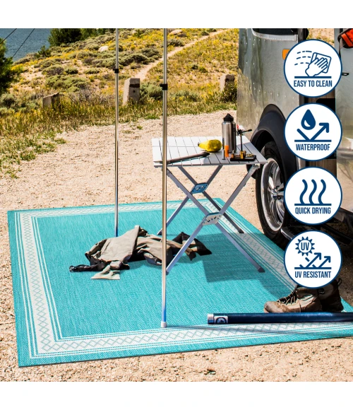 Lucia Classic Diamond Border Aqua/Light Gray 2 ft. x 8 ft. Indoor/Outdoor Runner Rug