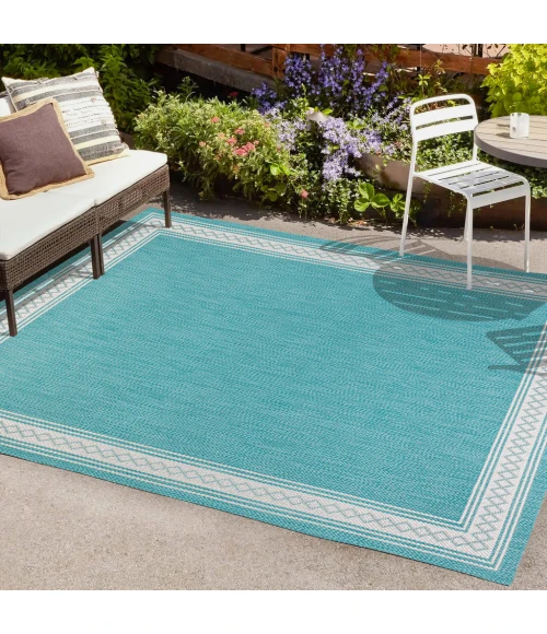 Lucia Classic Diamond Border Aqua/Light Gray 5 ft. x 8 ft. Indoor/Outdoor Area Rug