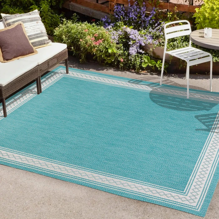 Lucia Classic Diamond Border Aqua/Light Gray 4 ft. x 6 ft. Indoor/Outdoor Area Rug