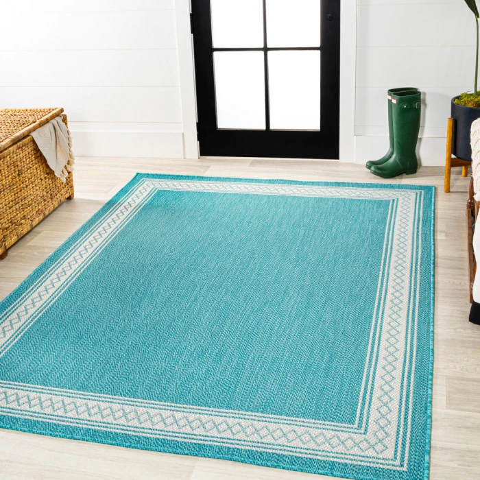 Lucia Classic Diamond Border Aqua/Light Gray 4 ft. x 6 ft. Indoor/Outdoor Area Rug