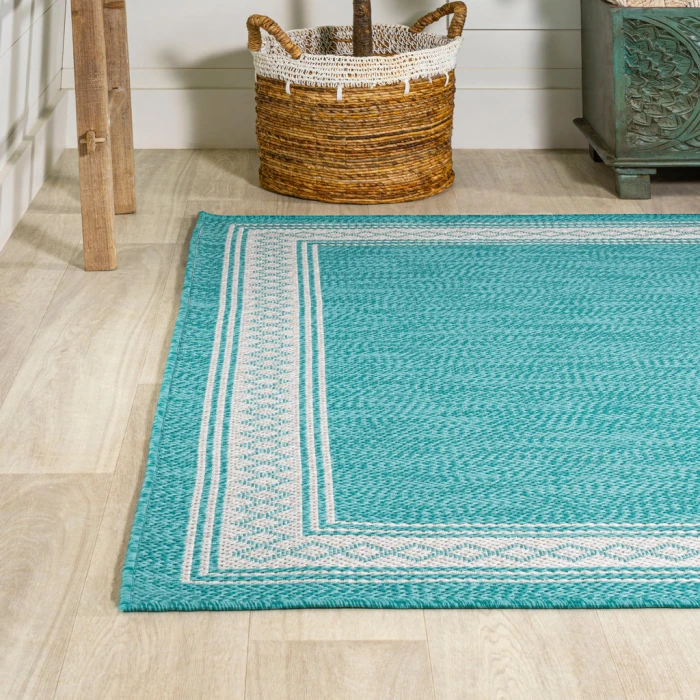 Lucia Classic Diamond Border Aqua/Light Gray 4 ft. x 6 ft. Indoor/Outdoor Area Rug