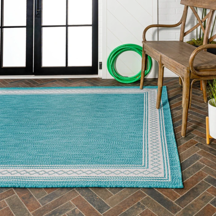Lucia Classic Diamond Border Aqua/Light Gray 4 ft. x 6 ft. Indoor/Outdoor Area Rug
