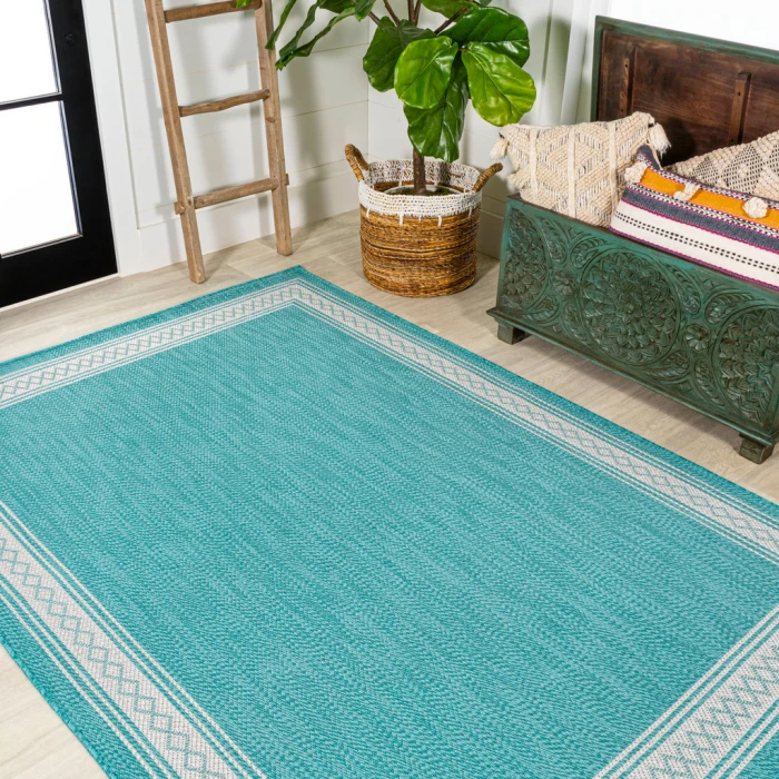 Lucia Classic Diamond Border Aqua/Light Gray 4 ft. x 6 ft. Indoor/Outdoor Area Rug