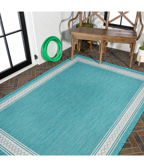 Lucia Classic Diamond Border Aqua/Light Gray 5 ft. x 8 ft. Indoor/Outdoor Area Rug