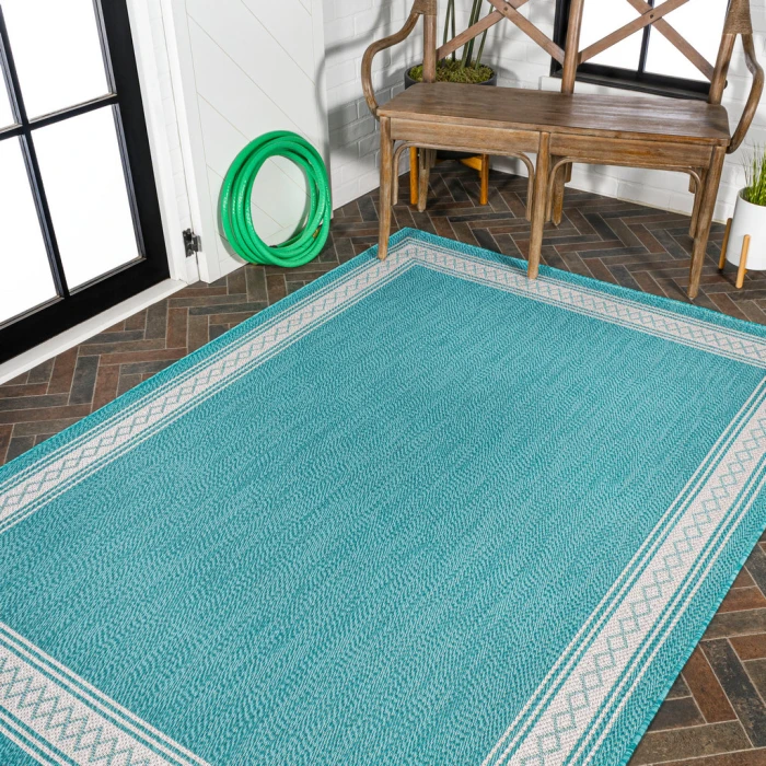 Lucia Classic Diamond Border Aqua/Light Gray 4 ft. x 6 ft. Indoor/Outdoor Area Rug