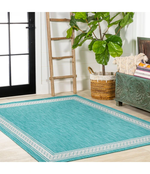 Lucia Classic Diamond Border Aqua/Light Gray 5 ft. x 8 ft. Indoor/Outdoor Area Rug