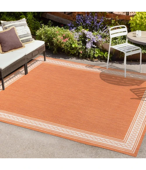 Lucia Classic Diamond Border Orange/Cream 4 ft. x 6 ft. Indoor/Outdoor Area Rug