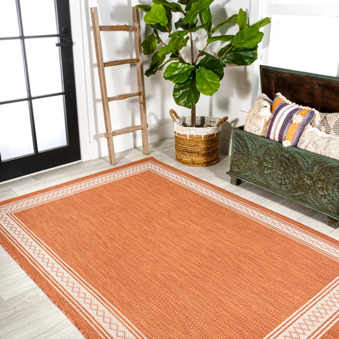 Lucia Classic Diamond Border Orange/Cream 4 ft. x 6 ft. Indoor/Outdoor Area Rug