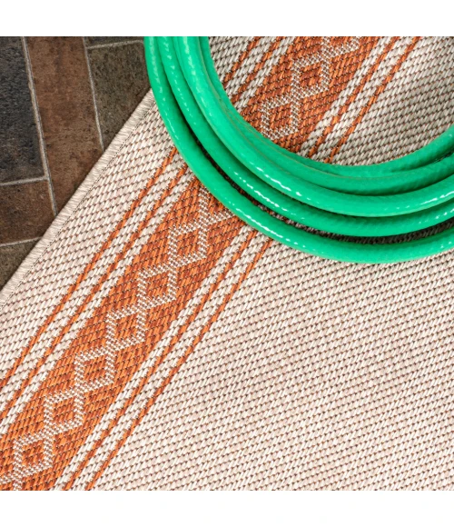 Lucia Classic Diamond Border Cream/Orange 2 ft. x 8 ft. Indoor/Outdoor Runner Rug