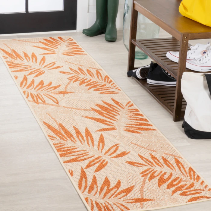 Havana Tropical Palm Leaf Cream/Orange 2 ft. x 8 ft. Indoor/Outdoor Runner Rug