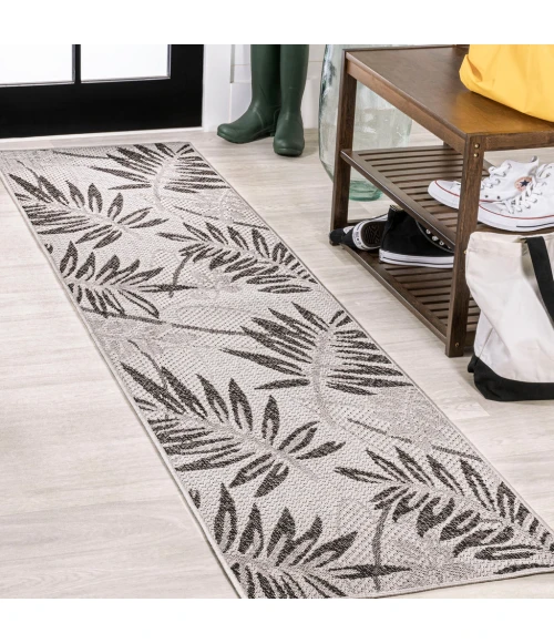 Havana Tropical Palm Leaf Gray/Black 2 ft. x 8 ft. Indoor/Outdoor Runner Rug