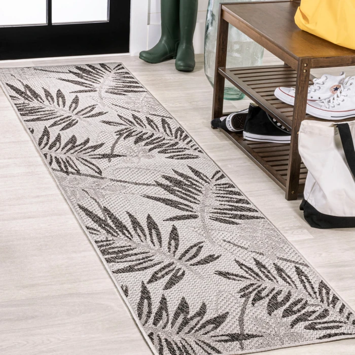 Havana Tropical Palm Leaf Gray/Black 2 ft. x 8 ft. Indoor/Outdoor Runner Rug