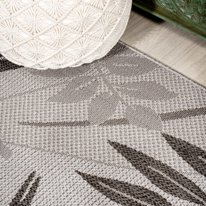 Havana Tropical Palm Leaf Gray/Black 2 ft. x 8 ft. Indoor/Outdoor Runner Rug
