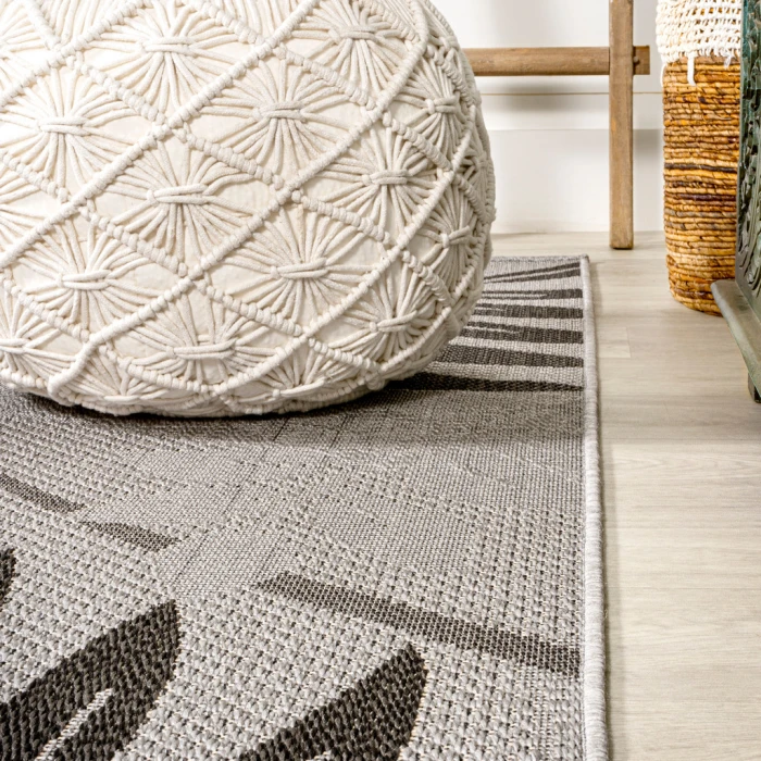 Havana Tropical Palm Leaf Gray/Black 2 ft. x 8 ft. Indoor/Outdoor Runner Rug