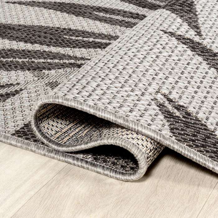Havana Tropical Palm Leaf Gray/Black 2 ft. x 8 ft. Indoor/Outdoor Runner Rug