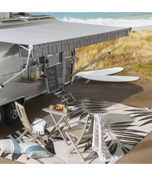 Havana Tropical Palm Leaf Gray/Black 2 ft. x 8 ft. Indoor/Outdoor Runner Rug