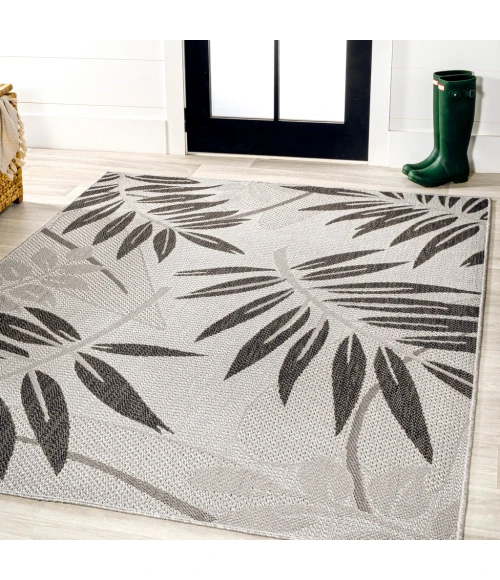 Havana Tropical Palm Leaf Gray/Black 3 ft. x 5 ft. Indoor/Outdoor Area Rug