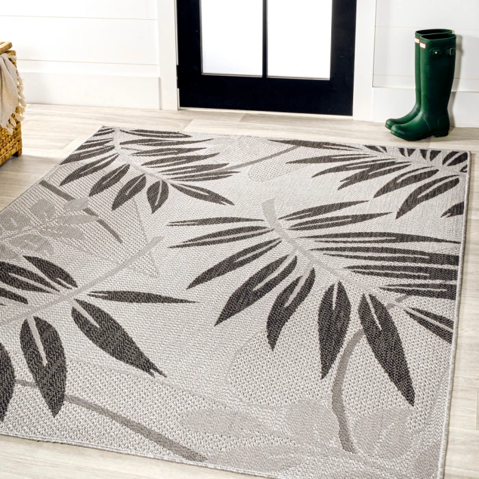 Havana Tropical Palm Leaf Gray/Black 4 ft. x 6 ft. Indoor/Outdoor Area Rug