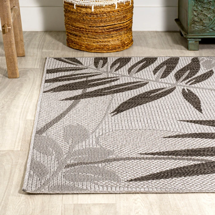 Havana Tropical Palm Leaf Gray/Black 4 ft. x 6 ft. Indoor/Outdoor Area Rug
