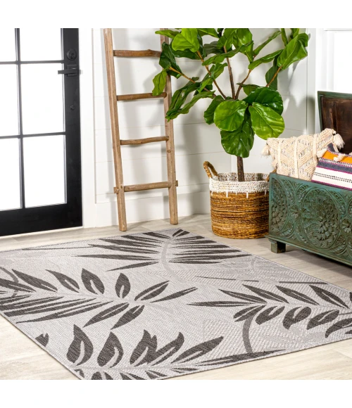 Havana Tropical Palm Leaf Gray/Black 3 ft. x 5 ft. Indoor/Outdoor Area Rug