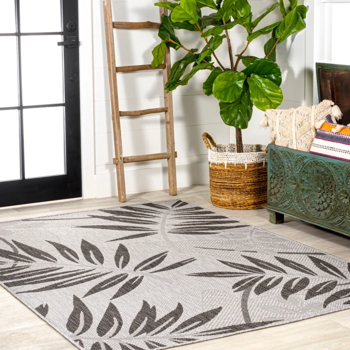 Havana Tropical Palm Leaf Gray/Black 4 ft. x 6 ft. Indoor/Outdoor Area Rug