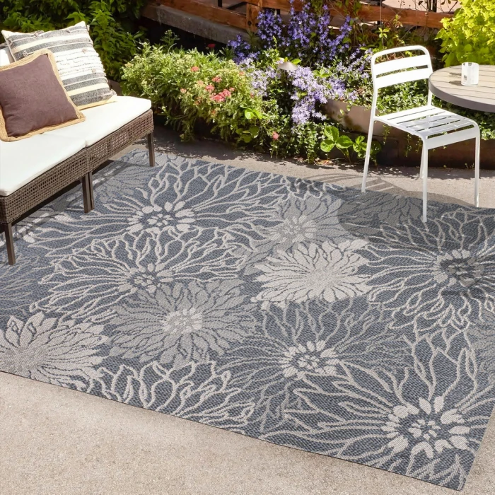 Bahamas Modern All-Over Floral Navy/Gray 3 ft. x 5 ft. Indoor/Outdoor Area Rug