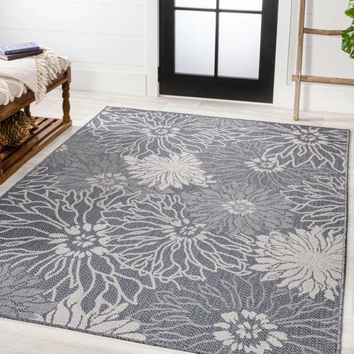 Bahamas Modern All-Over Floral Navy/Gray 3 ft. x 5 ft. Indoor/Outdoor Area Rug