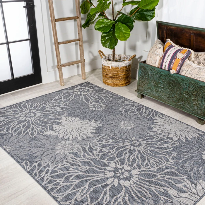 Bahamas Modern All-Over Floral Navy/Gray 3 ft. x 5 ft. Indoor/Outdoor Area Rug