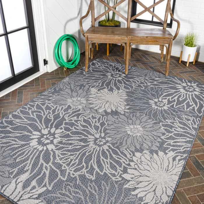 Bahamas Modern All-Over Floral Navy/Gray 3 ft. x 5 ft. Indoor/Outdoor Area Rug