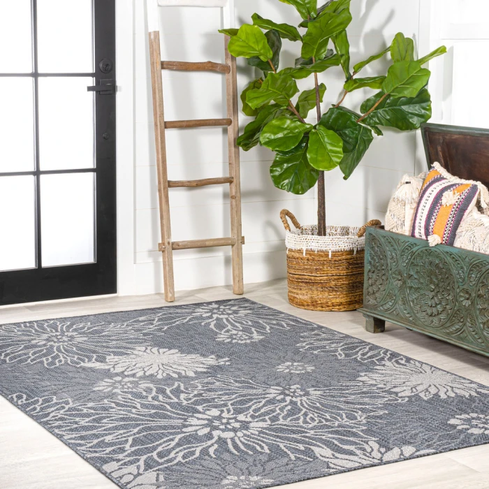 Bahamas Modern All-Over Floral Navy/Gray 3 ft. x 5 ft. Indoor/Outdoor Area Rug